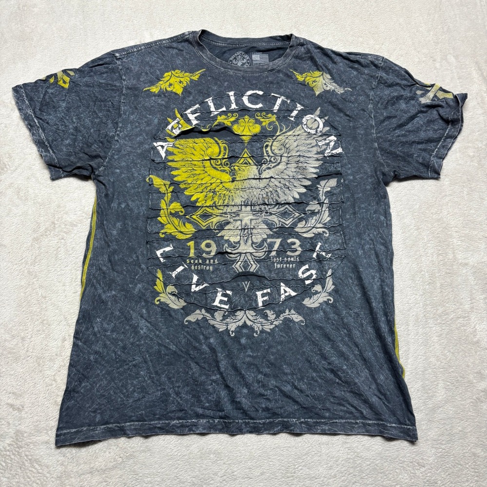 Affliction Live Fast T-Shirt Mens Large Slashed Acid Wash Y2K Made in USA Tee